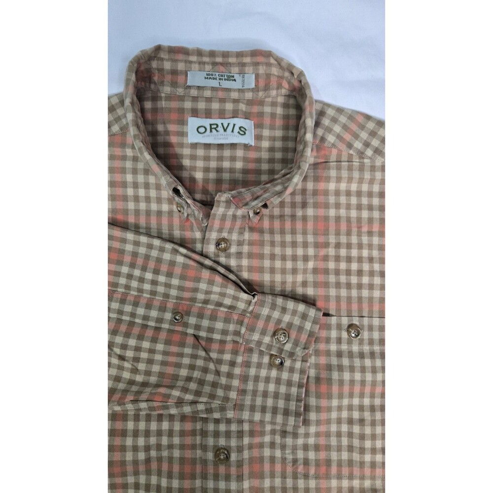 ORVIS Shirt Mens L Plaid Twill Button Up Long Sleeve Pocket Cotton Brown VTG